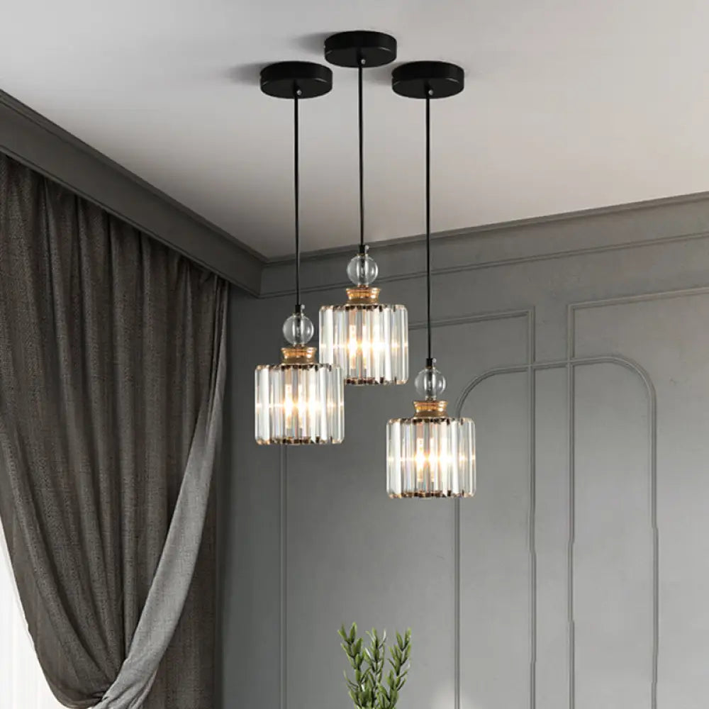 Modern Black Cylinder Pendant Lamp Kit With Crystal Prisms Shade - 1/3-Head Ceiling 1 /