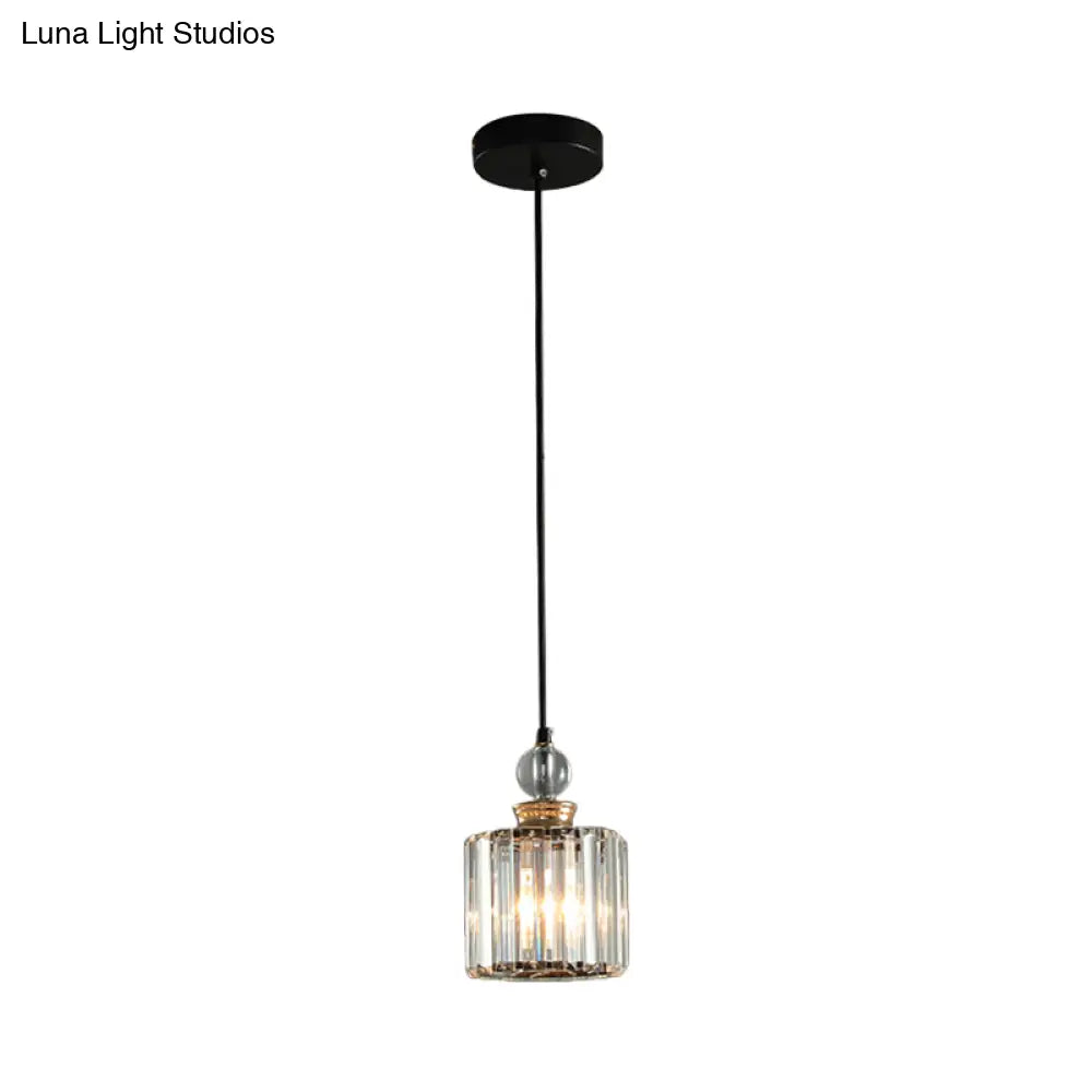 Modern Black Cylinder Pendant Lamp Kit With Crystal Prisms Shade - 1/3-Head Ceiling