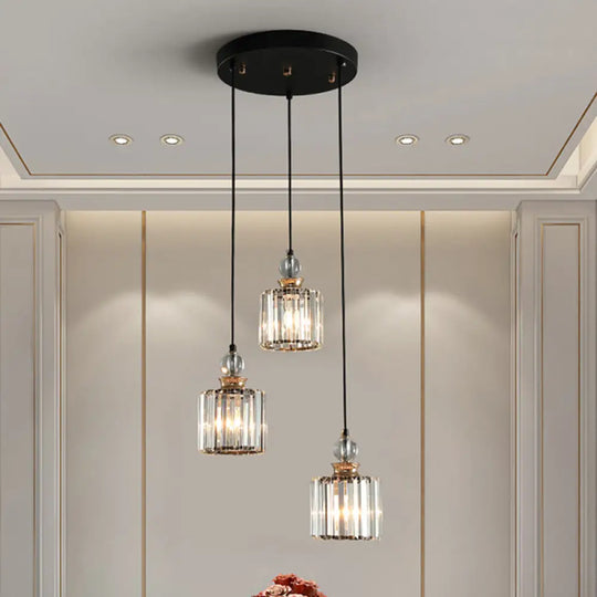 Modern Black Cylinder Pendant Lamp Kit With Crystal Prisms Shade - 1/3-Head Ceiling 3 /