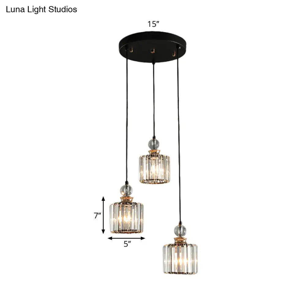 Modern Black Cylinder Pendant Lamp Kit With Crystal Prisms Shade - 1/3-Head Ceiling