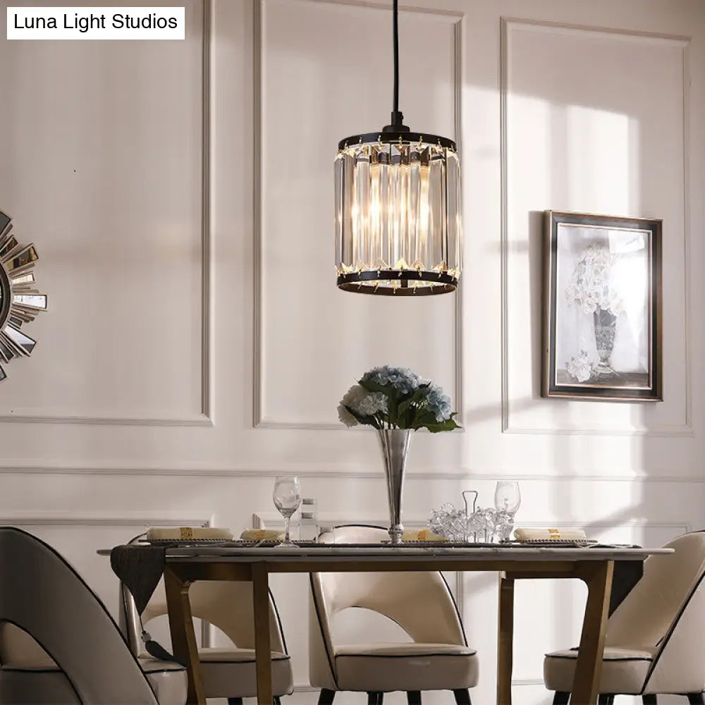 Modern Black Cylinder Pendant Lamp With K9 Crystal For Dining Room