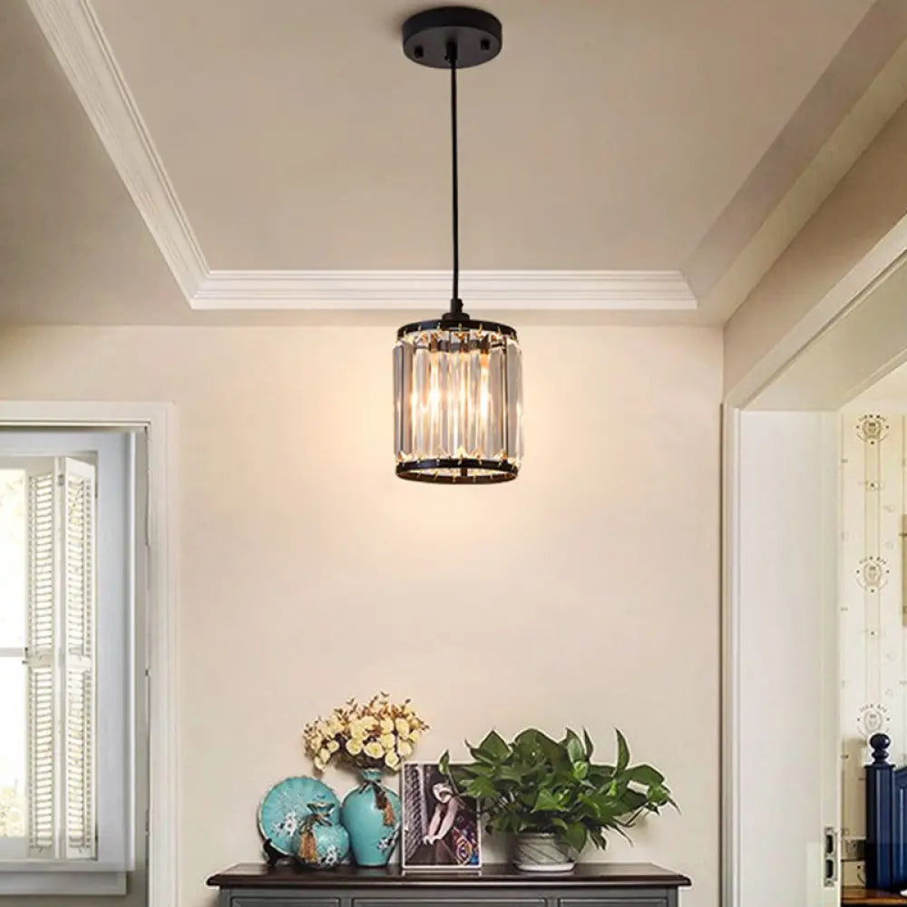 Modern Black Cylinder Pendant Lamp With K9 Crystal For Dining Room