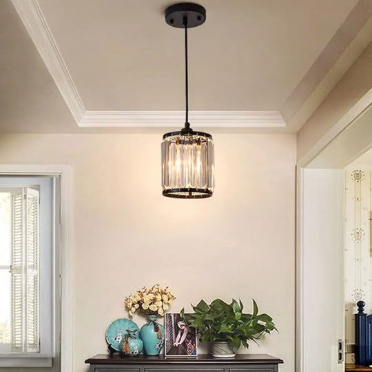 Modern Black Cylinder Pendant Lamp With K9 Crystal For Dining Room