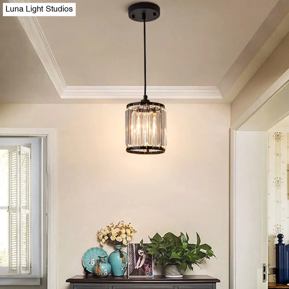 Cylinder Pendant Lamp - Modern Black Hanging Ceiling Light With Crystal Accent