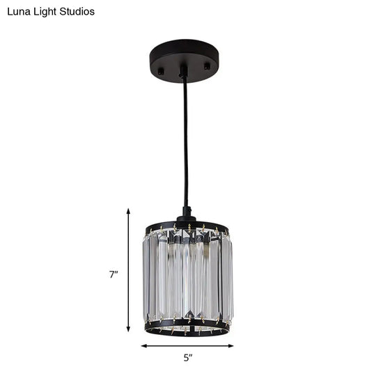 Cylinder Pendant Lamp - Modern Black Hanging Ceiling Light With Crystal Accent