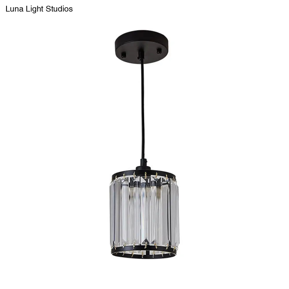 Cylinder Pendant Lamp - Modern Black Hanging Ceiling Light With Crystal Accent