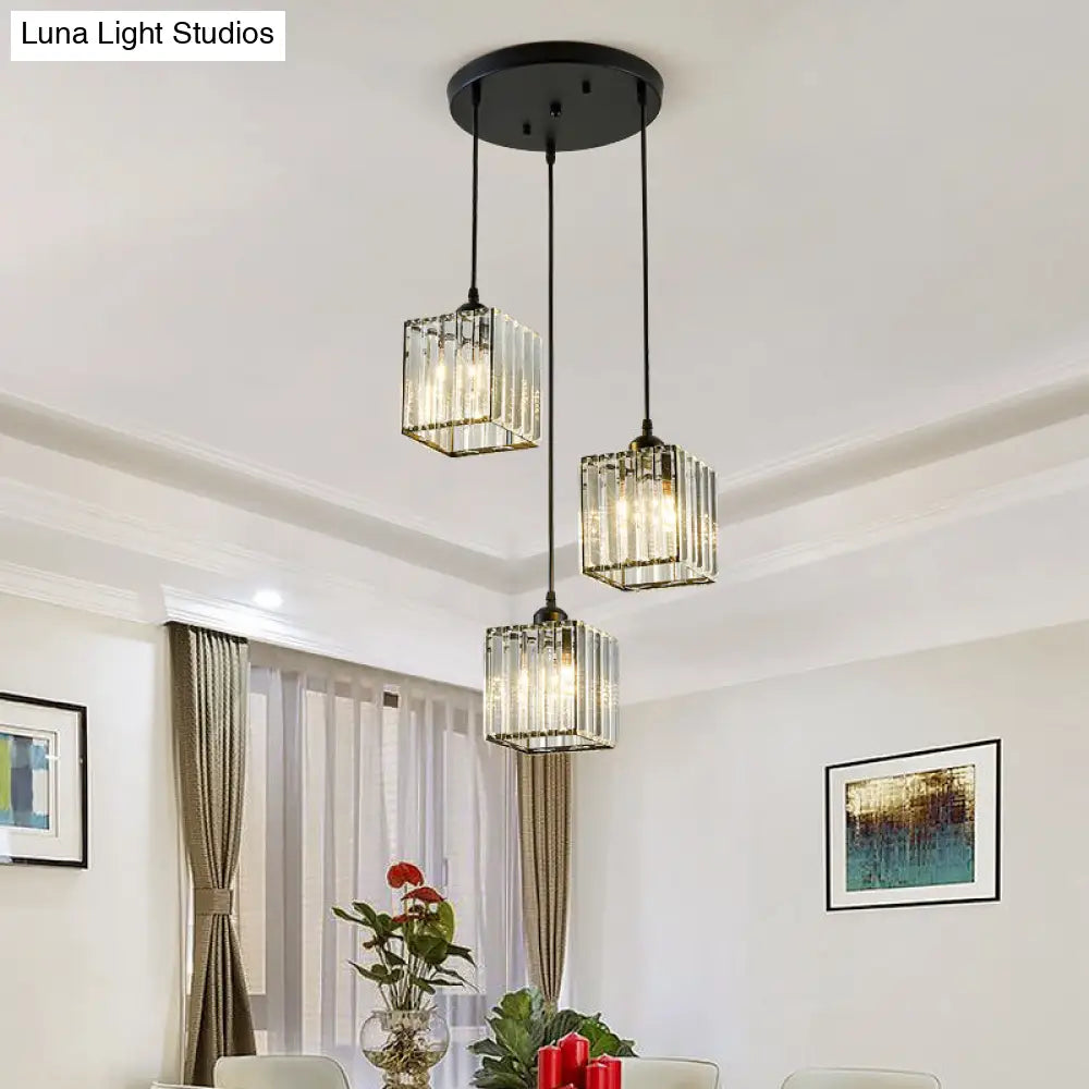 Modern Black Cylindrical Pendant Light With Crystal Shade - Stylish Suspension Lighting Fixture