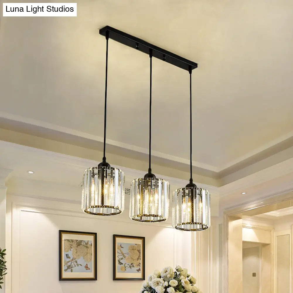 Modern Black Cylindrical Pendant Light With Crystal Shade - Stylish Suspension Lighting Fixture