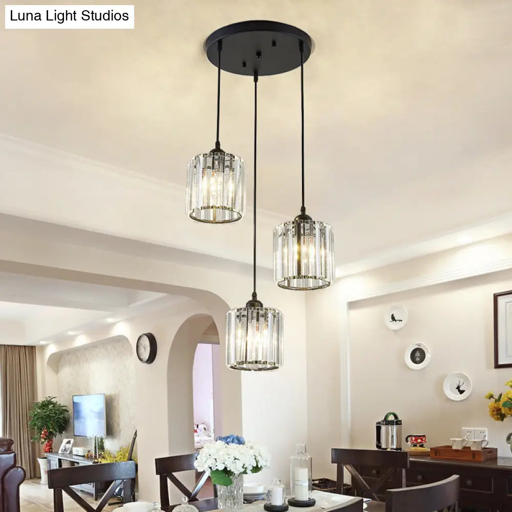 Modern Black Cylindrical Pendant Light With Crystal Shade - Stylish Suspension Lighting Fixture