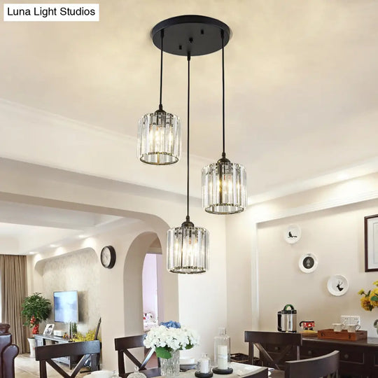 Modern Black Cylindrical Pendant Light With Crystal Shade - Stylish Suspension Lighting Fixture