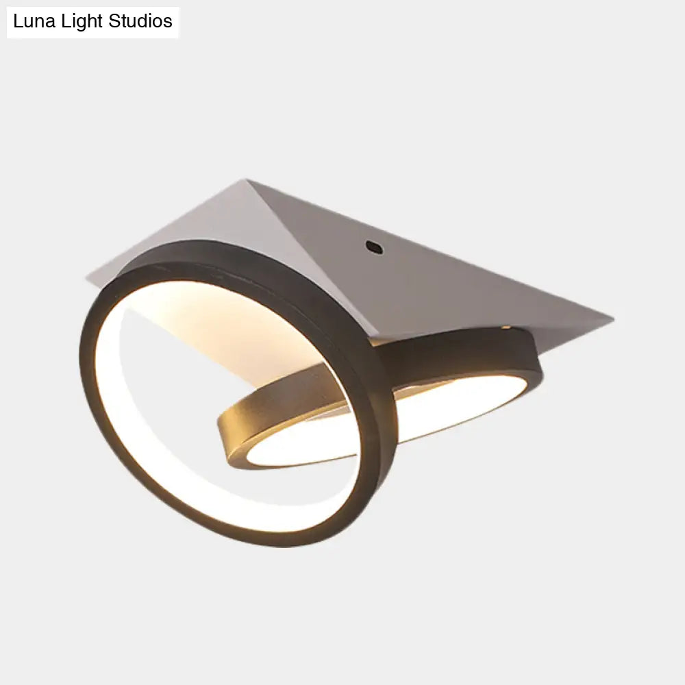 Modern Black Double Ring Led Flush Mount Ceiling Light Fixture With Acrylic Shade And White Triangle