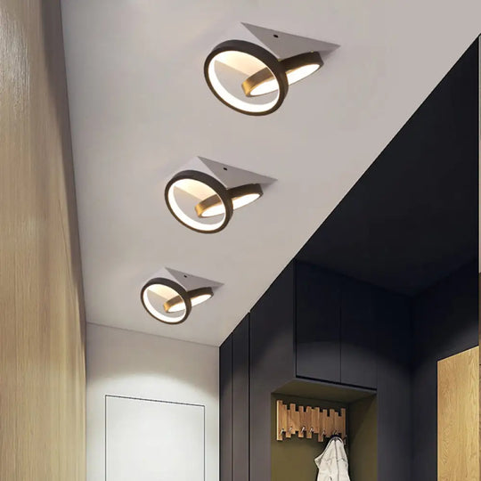 Modern Black Double Ring Led Flush Mount Ceiling Light Fixture With Acrylic Shade And White Triangle