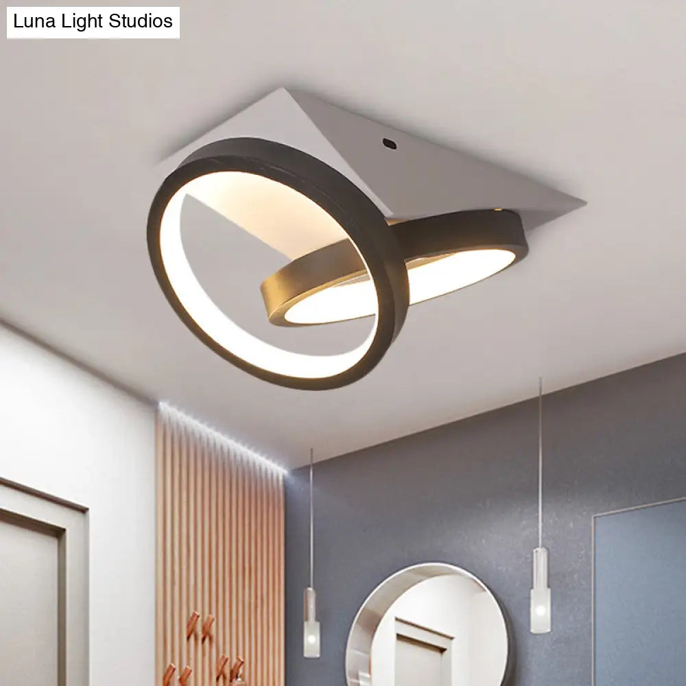 Modern Black Double Ring Led Flush Mount Ceiling Light Fixture With Acrylic Shade And White Triangle