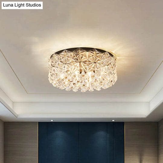 Modern Black Drum Ceiling Light Fixture With Hexagon Crystals - Flush Mount Lamp 18/21.5 W / 18
