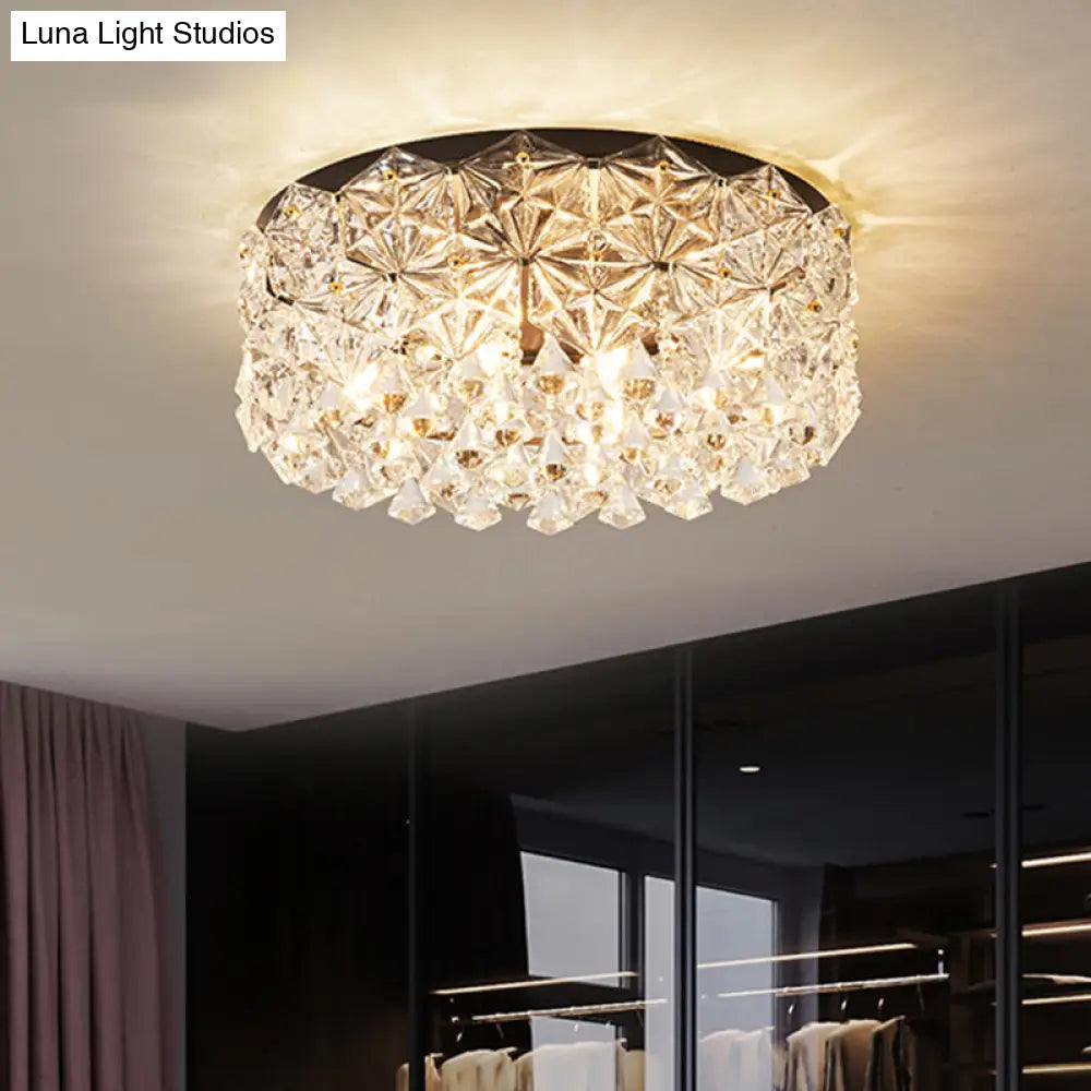 Modern Black Drum Ceiling Light Fixture With Hexagon Crystals - Flush Mount Lamp 18’/21.5’ W