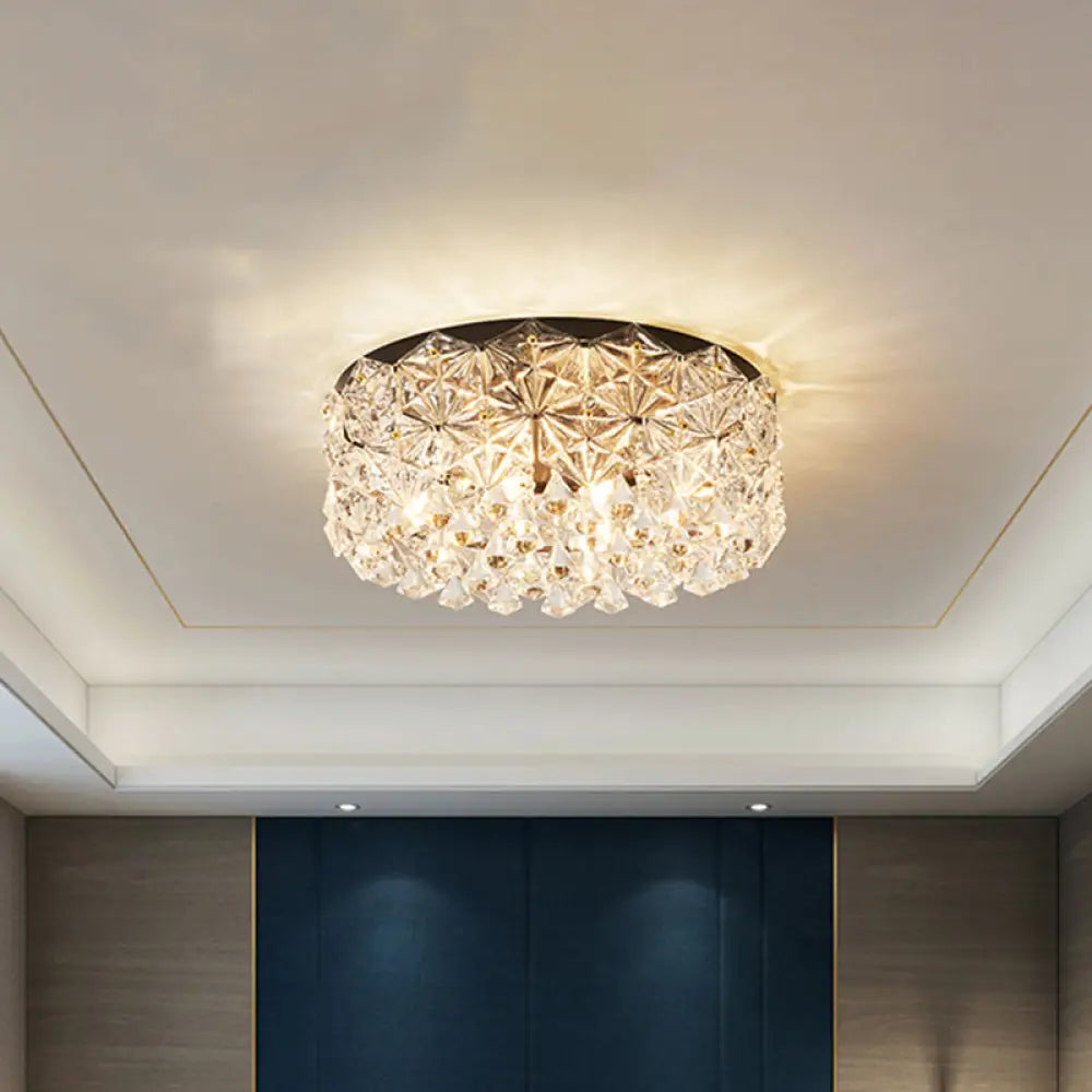 Modern Black Drum Ceiling Light Fixture With Hexagon Crystals - Flush Mount Lamp 18’/21.5’ W / 18’