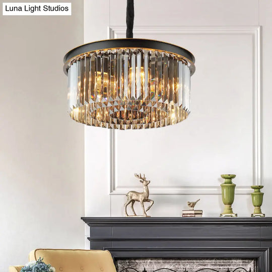 Modern Black Drum Chandelier With Crystal Shaded Pendant Light - 6/12 Lights For Living Room