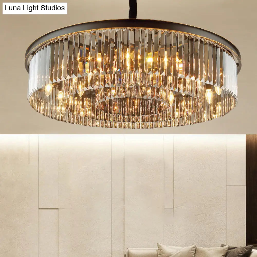 Modern Black Drum Chandelier With Crystal Shaded Pendant Light - 6/12 Lights For Living Room