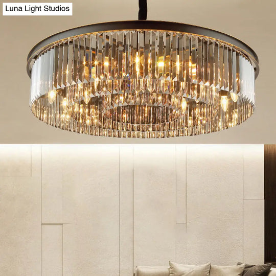 Modern Black Drum Chandelier With Crystal Shaded Pendant Light - 6/12 Lights For Living Room