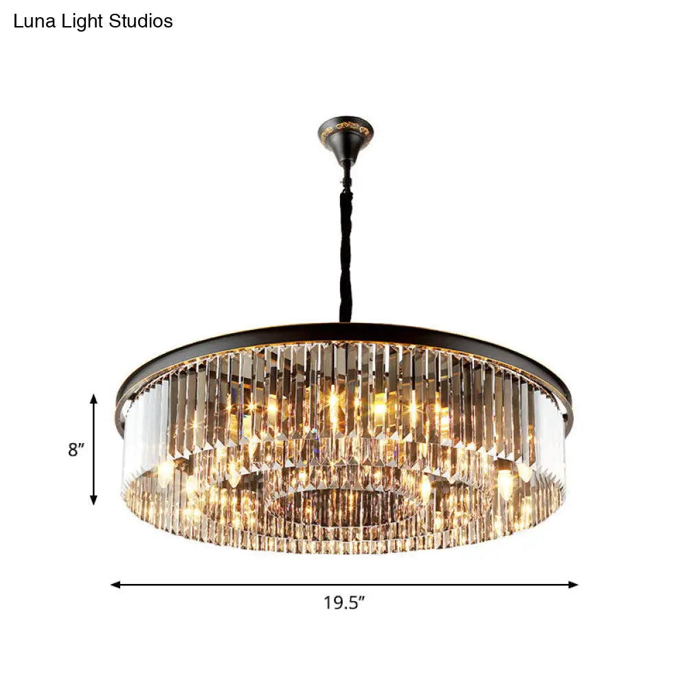 Modern Black Drum Chandelier With Crystal Shaded Pendant Light - 6/12 Lights For Living Room