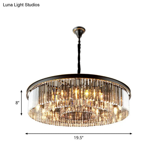 Modern Black Drum Chandelier With Crystal Shaded Pendant Light - 6/12 Lights For Living Room