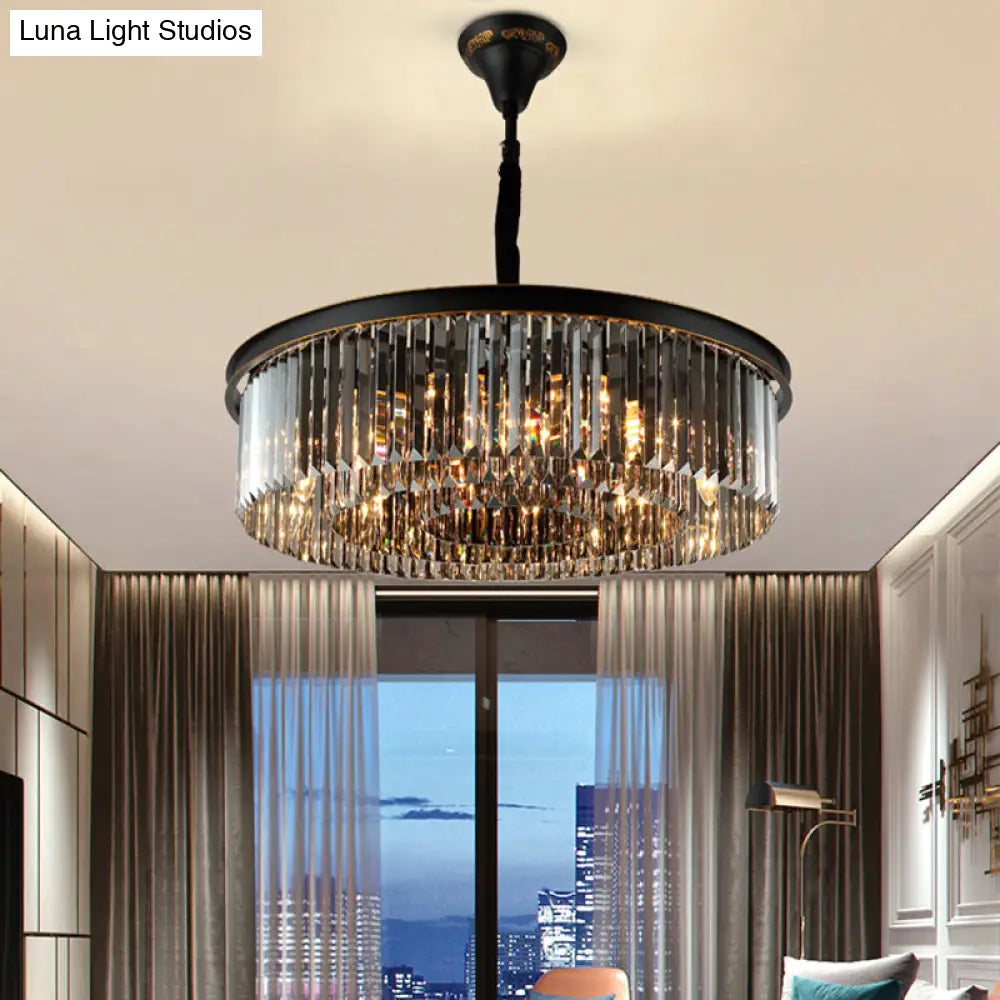 Modern Black Drum Chandelier With Crystal Shaded Pendant Light - 6/12 Lights For Living Room