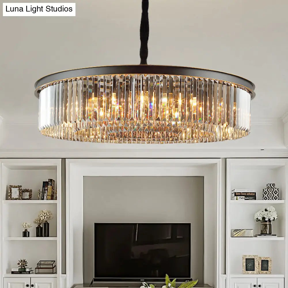 Modern Black Drum Chandelier With Crystal Shaded Pendant Light - 6/12 Lights For Living Room