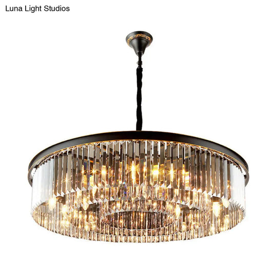 Modern Black Drum Chandelier With Crystal Shaded Pendant Light - 6/12 Lights For Living Room