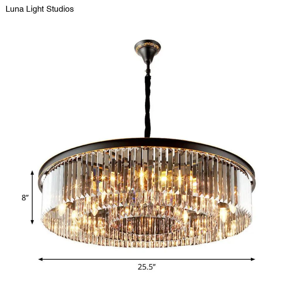 Modern Black Drum Chandelier With Crystal Shaded Pendant Light - 6/12 Lights For Living Room