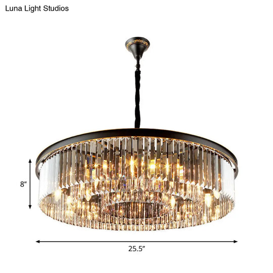 Modern Black Drum Chandelier With Crystal Shaded Pendant Light - 6/12 Lights For Living Room