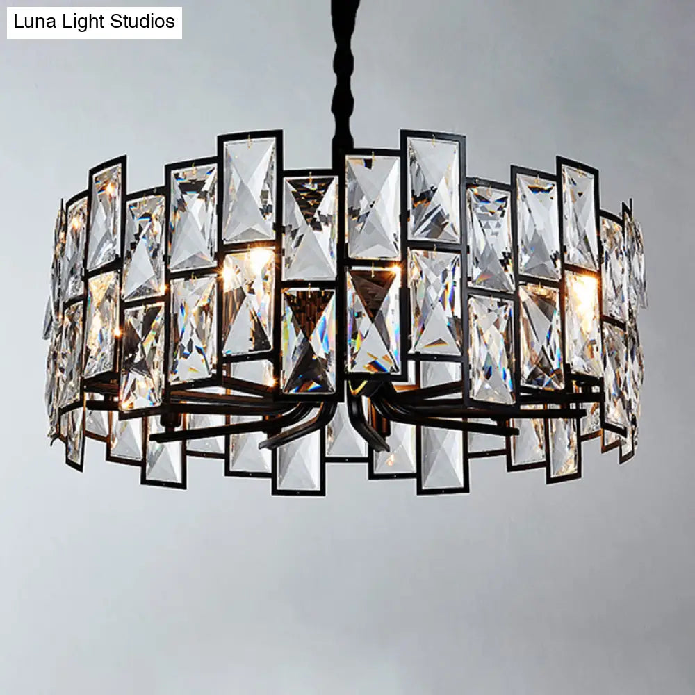 Modern Black Drum Crystal Pendant Light For Living Room - 6-Light Chandelier