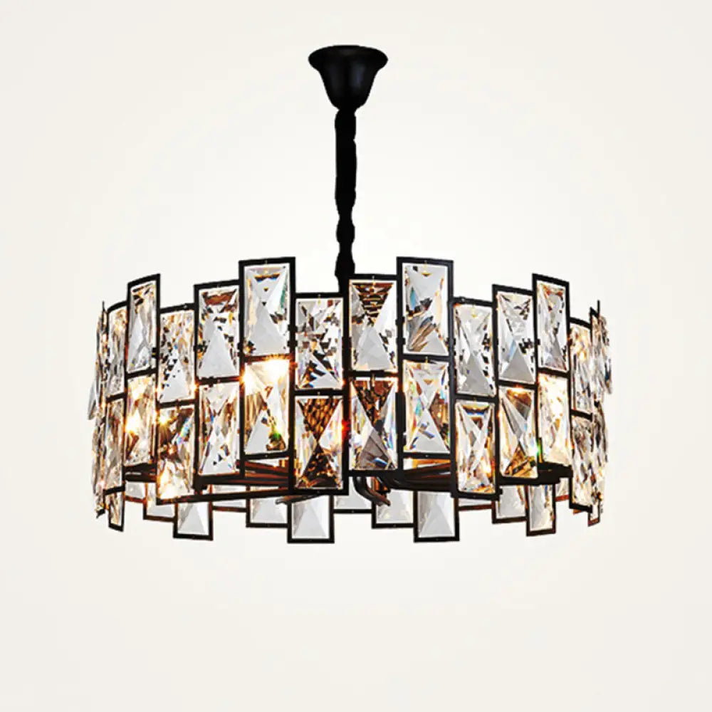 Modern Black Drum Crystal Pendant Light For Living Room - 6-Light Chandelier