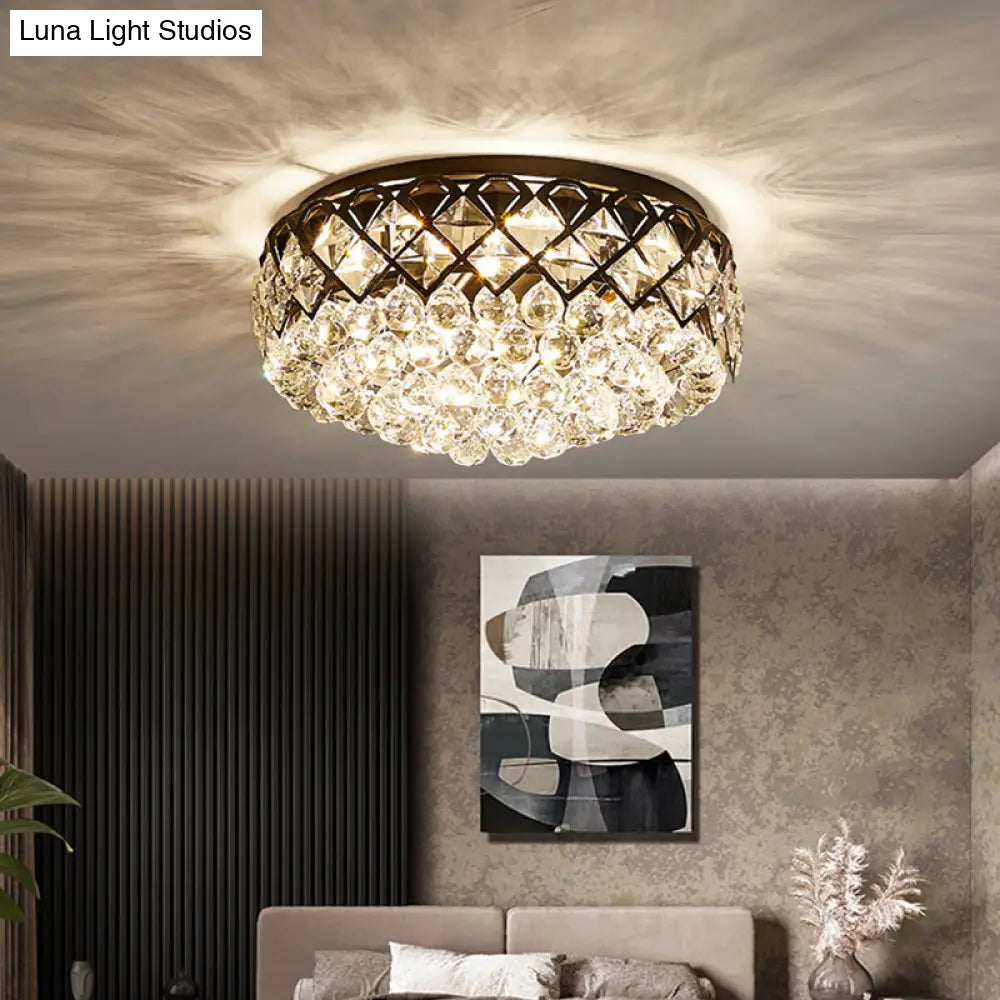 Modern Black Drum Flush Mount Lighting With 7 Crystal Balls - Bedroom Flushmount Lamp
