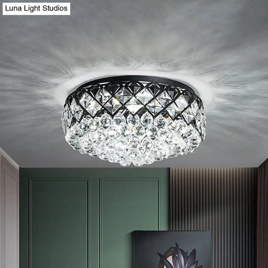 Modern Black Drum Flush Mount Lighting With 7 Crystal Balls - Bedroom Flushmount Lamp