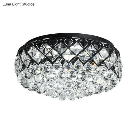Modern Black Drum Flush Mount Lighting With 7 Crystal Balls - Bedroom Flushmount Lamp