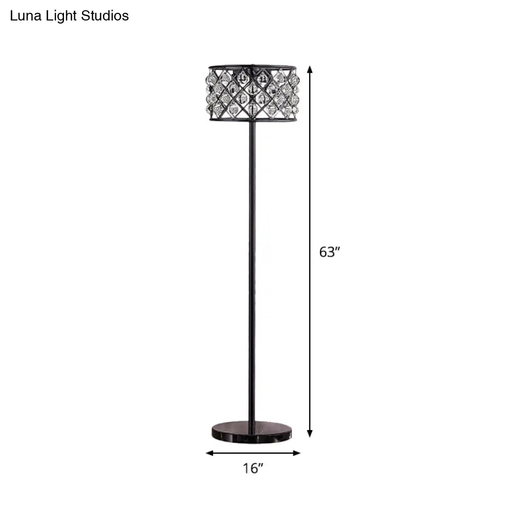 Modern Black Drum Light With Grid Design - Crystal Drip Floor Lamp 3 Lights