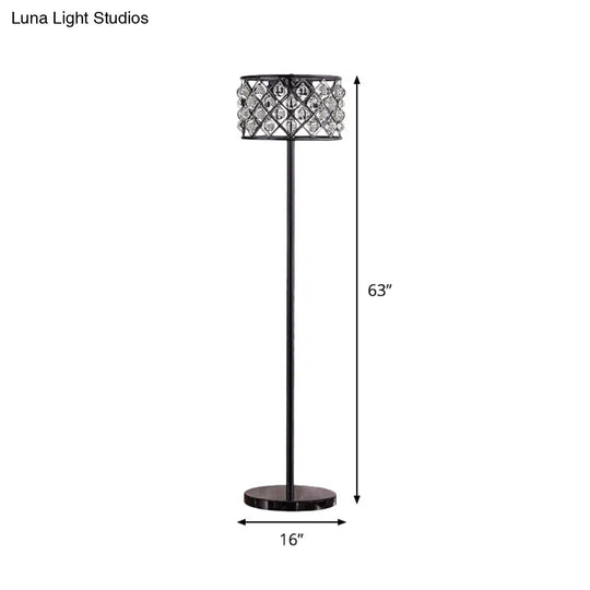 Modern Black Drum Light With Grid Design - Crystal Drip Floor Lamp 3 Lights