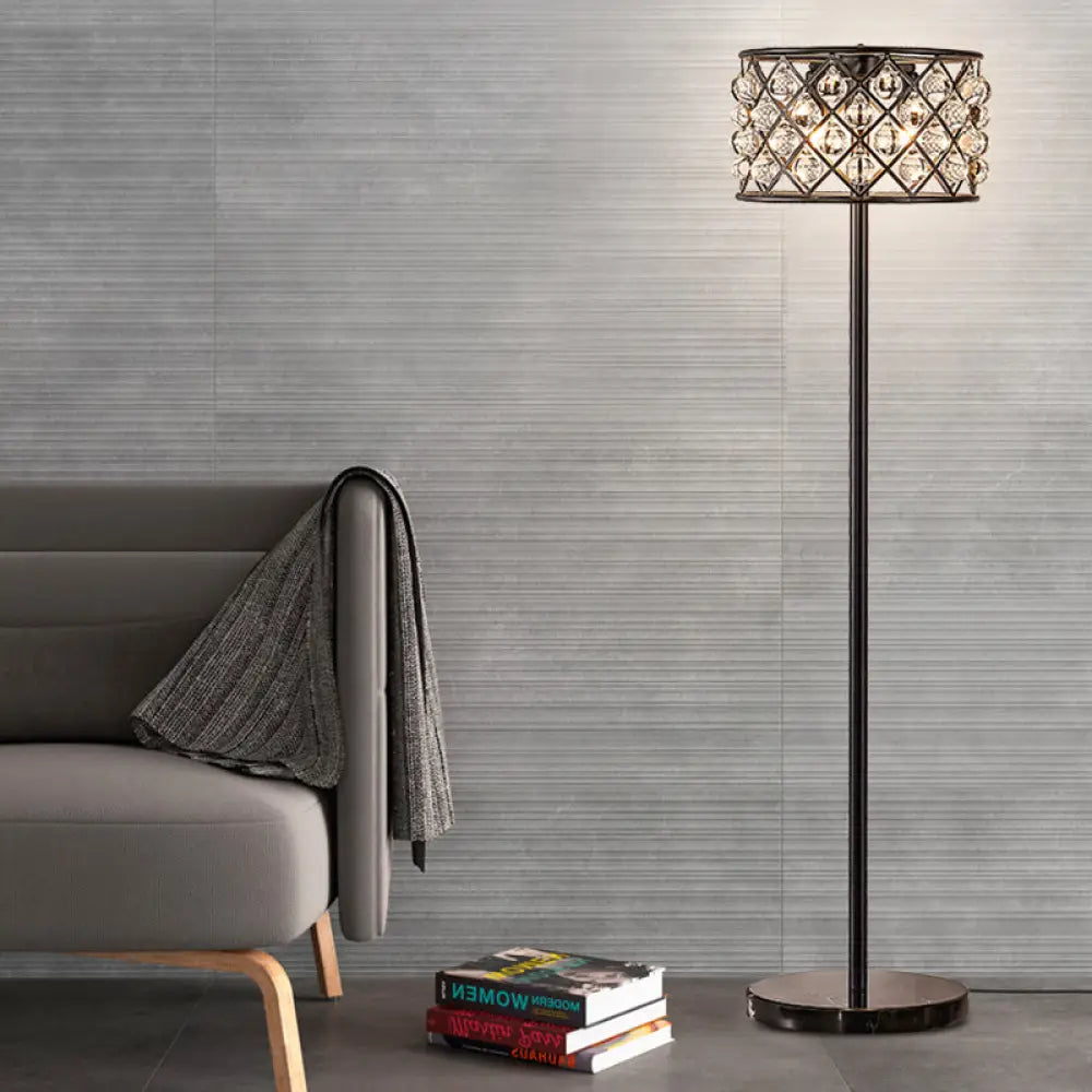 Modern Black Drum Light With Grid Design - Crystal Drip Floor Lamp 3 Lights