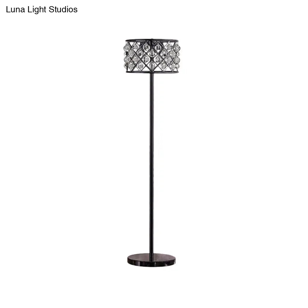 Modern Black Drum Light With Grid Design - Crystal Drip Floor Lamp 3 Lights