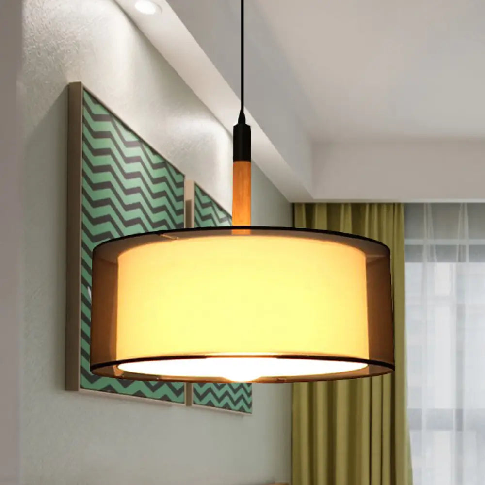 Modern Black Dual Shade Pendant Lamp: 1 Head Fabric Suspension Light With Wood Grip