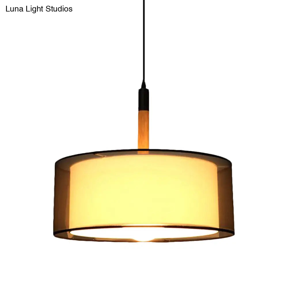 Modern Black Dual Shade Pendant Lamp With Wood Grip - Stylish Fabric Suspension Light