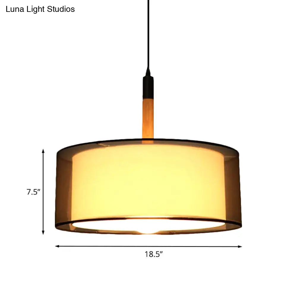 Modern Black Dual Shade Pendant Lamp: 1 Head Fabric Suspension Light With Wood Grip