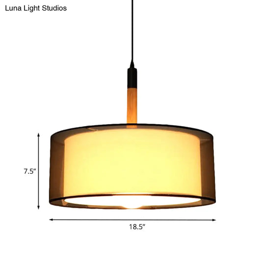 Modern Black Dual Shade Pendant Lamp With Wood Grip - Stylish Fabric Suspension Light