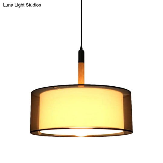 Modern Black Dual Shade Pendant Lamp: 1 Head Fabric Suspension Light With Wood Grip