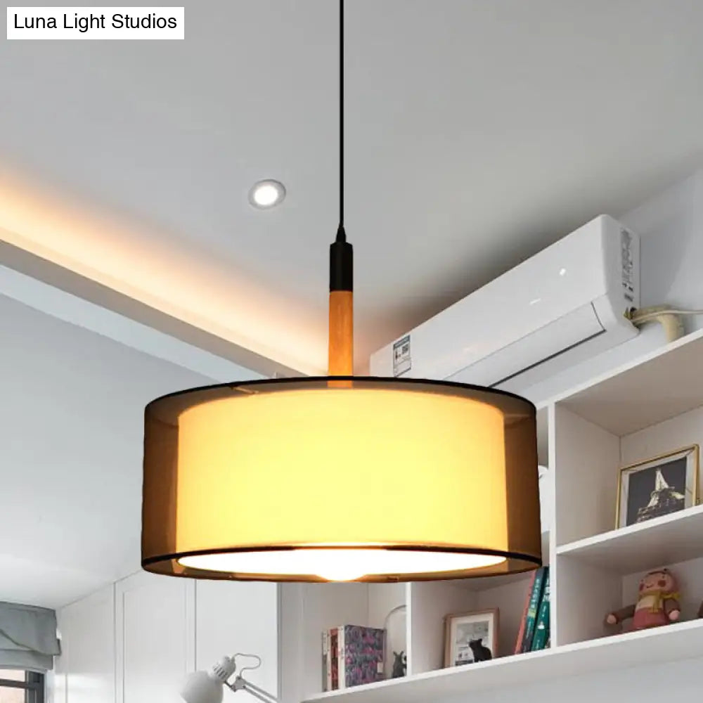 Modern Black Dual Shade Pendant Lamp With Wood Grip - Stylish Fabric Suspension Light