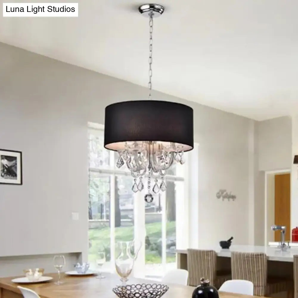 Modern Black Drum Fabric Chandelier With Crystal Ball Accents - 4-Light Ceiling Pendant