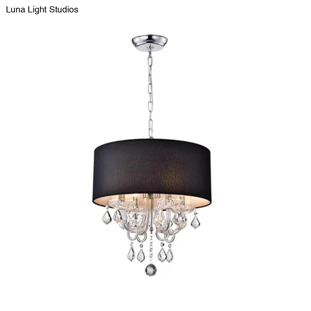 Modern Black Fabric Drum Chandelier With Crystal Ball Accent - Ceiling Light