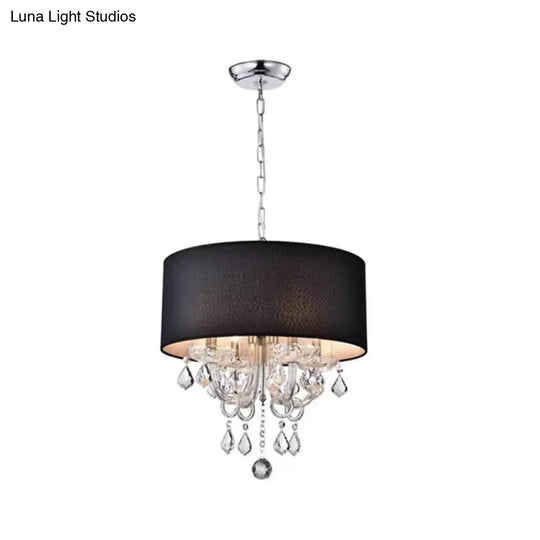 Modern Black Fabric Drum Chandelier With Crystal Ball Accent - Ceiling Light