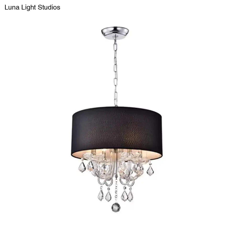 Modern Black Drum Fabric Chandelier With Crystal Ball Accents - 4-Light Ceiling Pendant