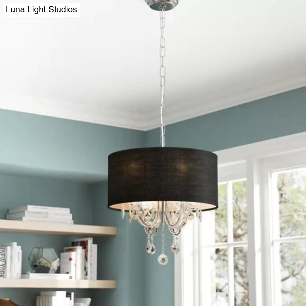 Modern Black Drum Fabric Chandelier With Crystal Ball Accents - 4-Light Ceiling Pendant